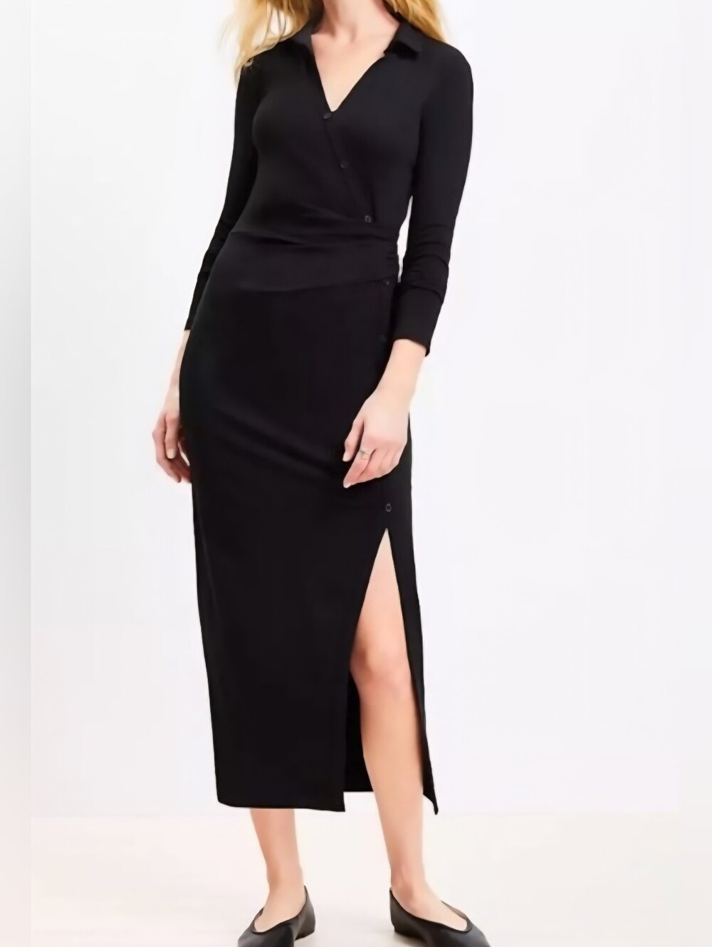 LOFT Black Collared Wrap-Front Maxi Dress with Side Slit